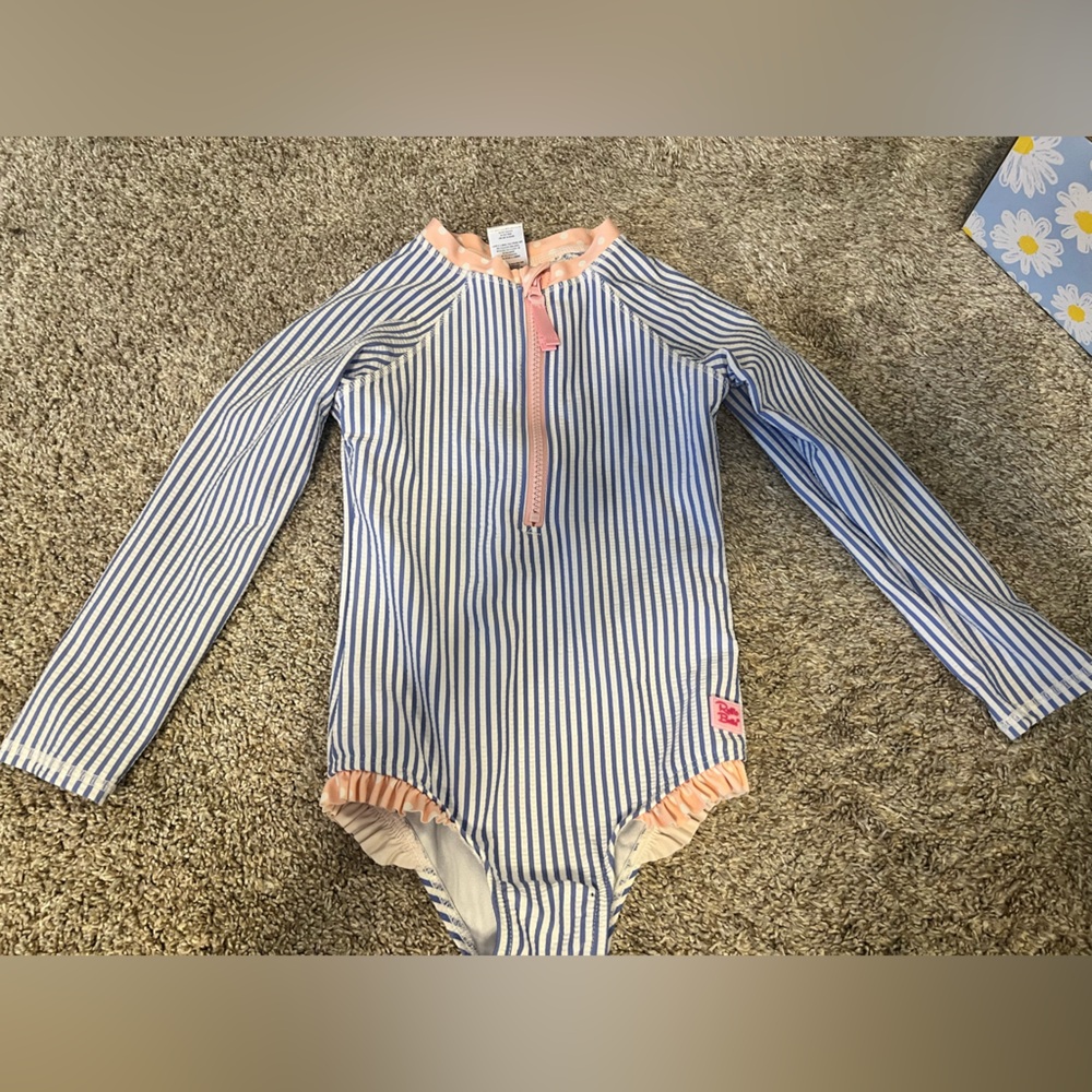 Ruffle Butts Blue and White Striped Zip-Up with Pink Accents